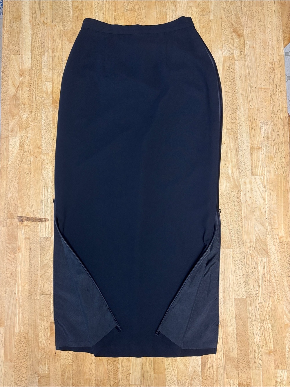 Vintage Joseph Ribkoff Trends Black Column Maxi Skirt Dual Zip Slits Satin Trim